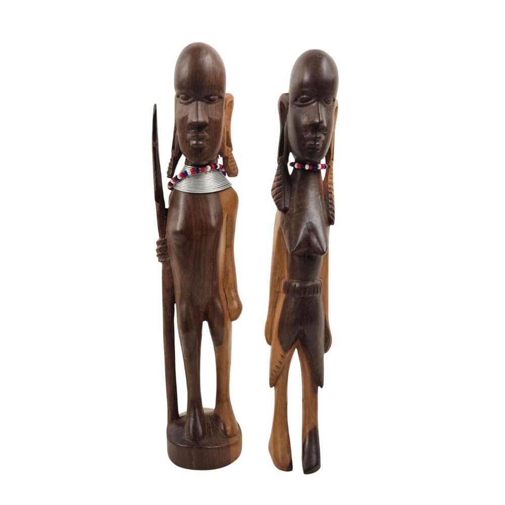 Hand Carved African Wood Figurine Pair Tribal Style Art Beaded Necklaces